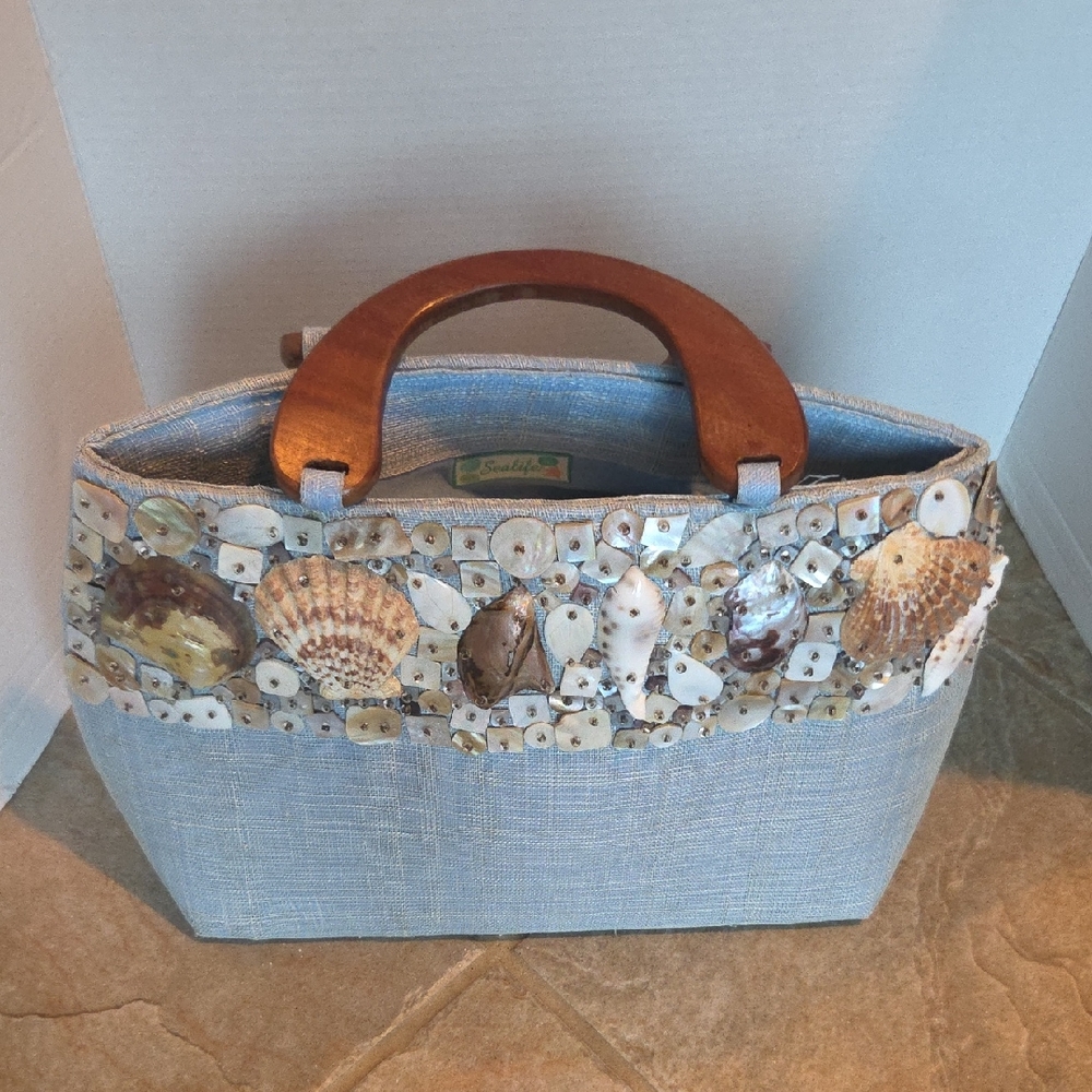 Sea Life Shell-Embellished Blue Handbag